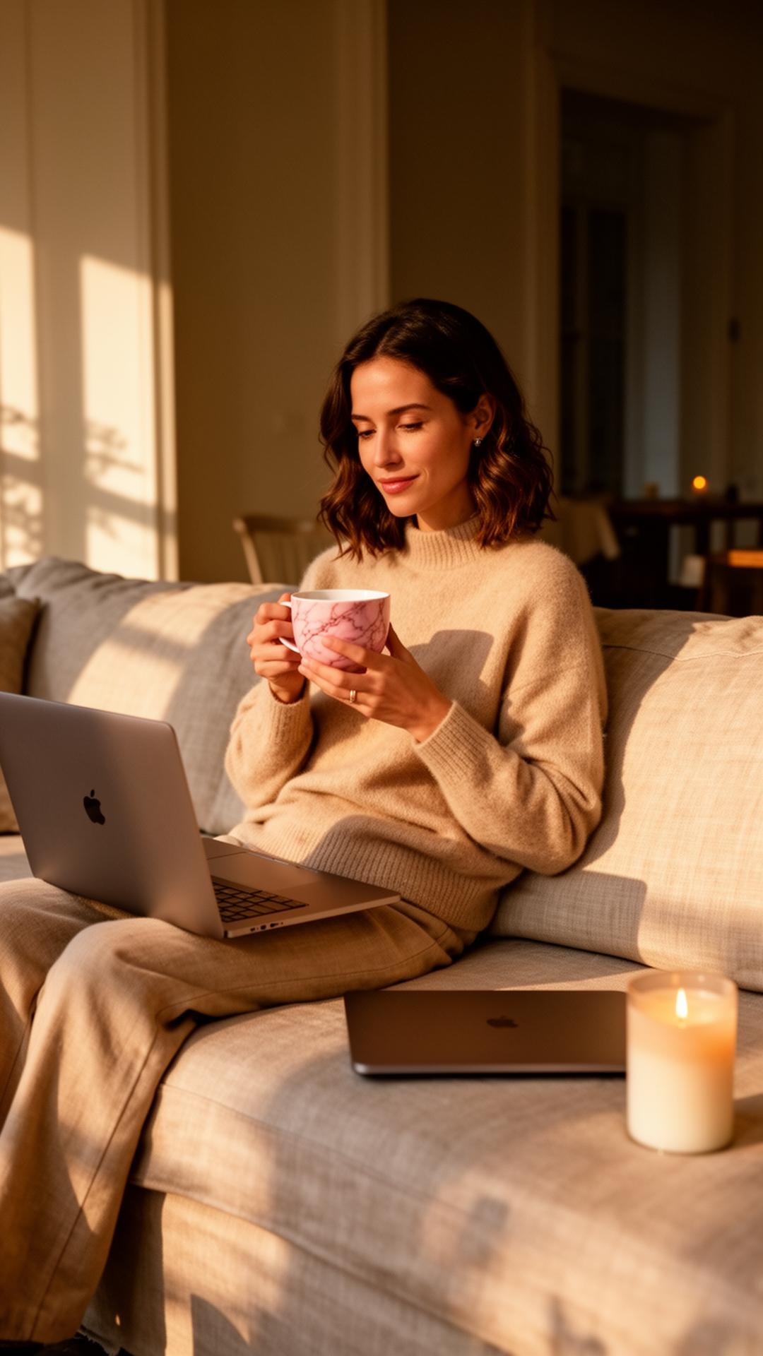 A woman holding a pink marble tea cup in golden hour light
